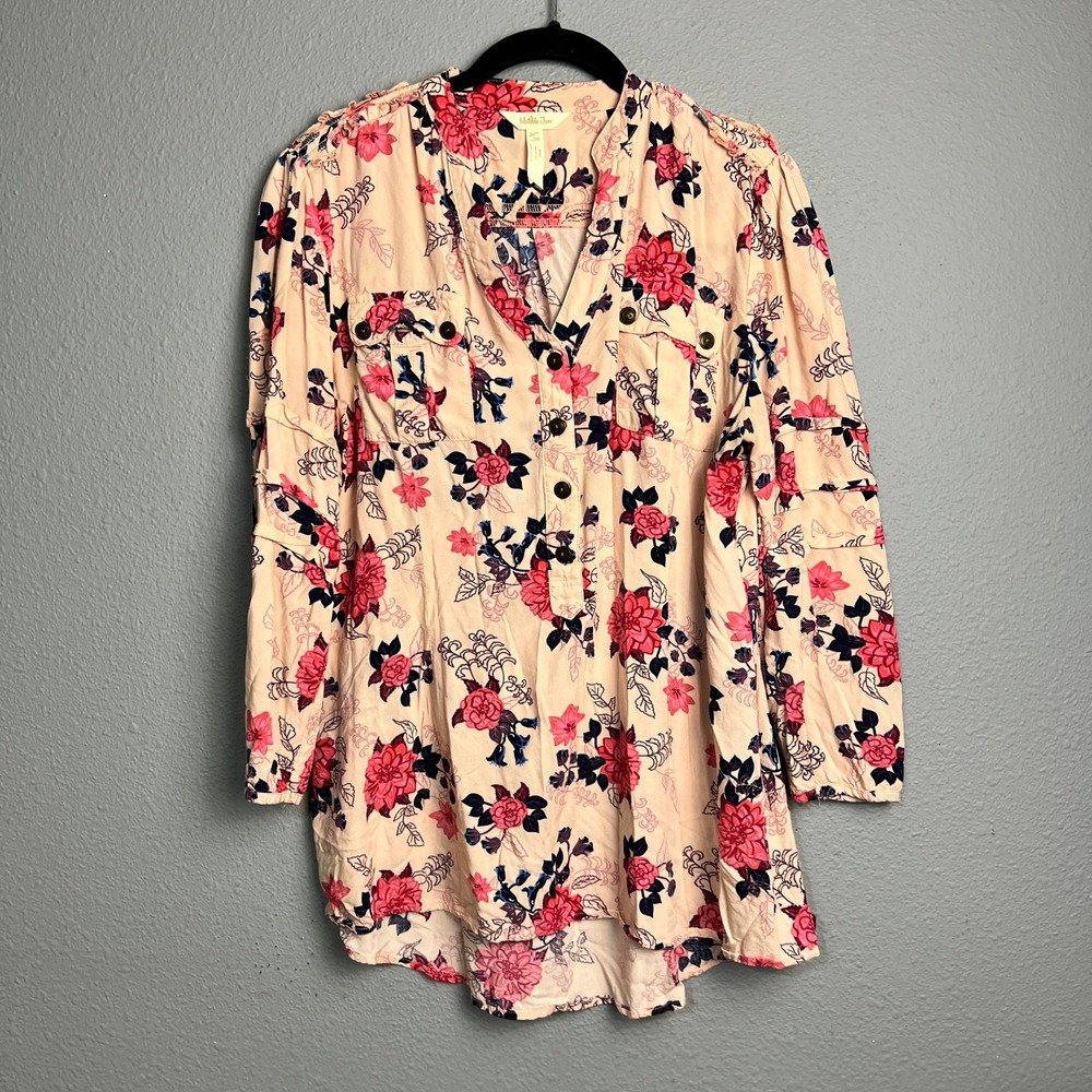 Matilda Jane Floral Tunic Blouse Women Long Sleeve Button Up Rayon Pink Navy Lg‎
